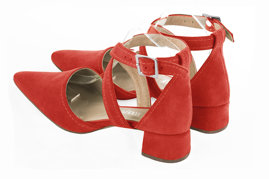 Scarlet red women's open side shoes, with crossed straps. Tapered toe. Low flare heels. Rear view - Florence KOOIJMAN